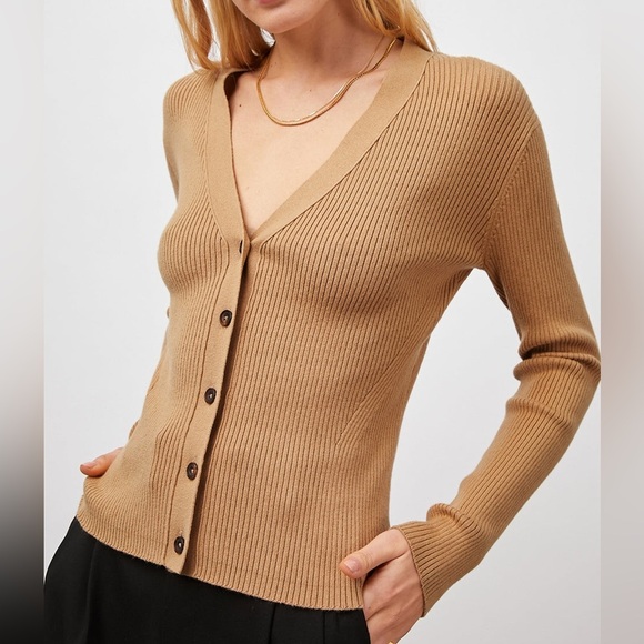 Rails Beau Camel Tan Silk Blent V neck Front Button Ribbed Cardigan Sweater XS - Picture 1 of 13